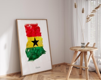 Ghana Watercolour Flag Map Wall Art Print | Ghana Travel Poster