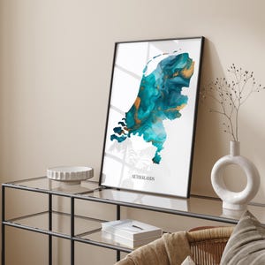 Impression d'art mural carte des Pays-Bas turquoise et or