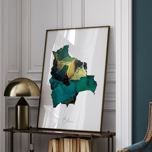 Impresión de arte mural en verde esmeralda y dorado con el mapa de Bolivia