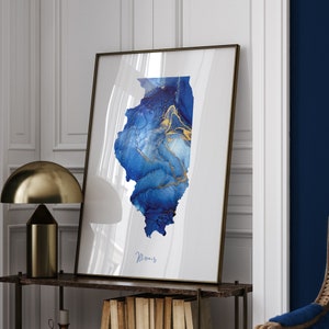 Impression d'art mural bleu et or carte de l'Illinois | État américain | États-Unis d'Amérique | Etats-Unis