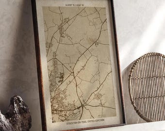 Stockton-on-Tees, County Durham Map | Vintage Beige Detailed Map Print | United Kingdom Wall Art | Travel Gift
