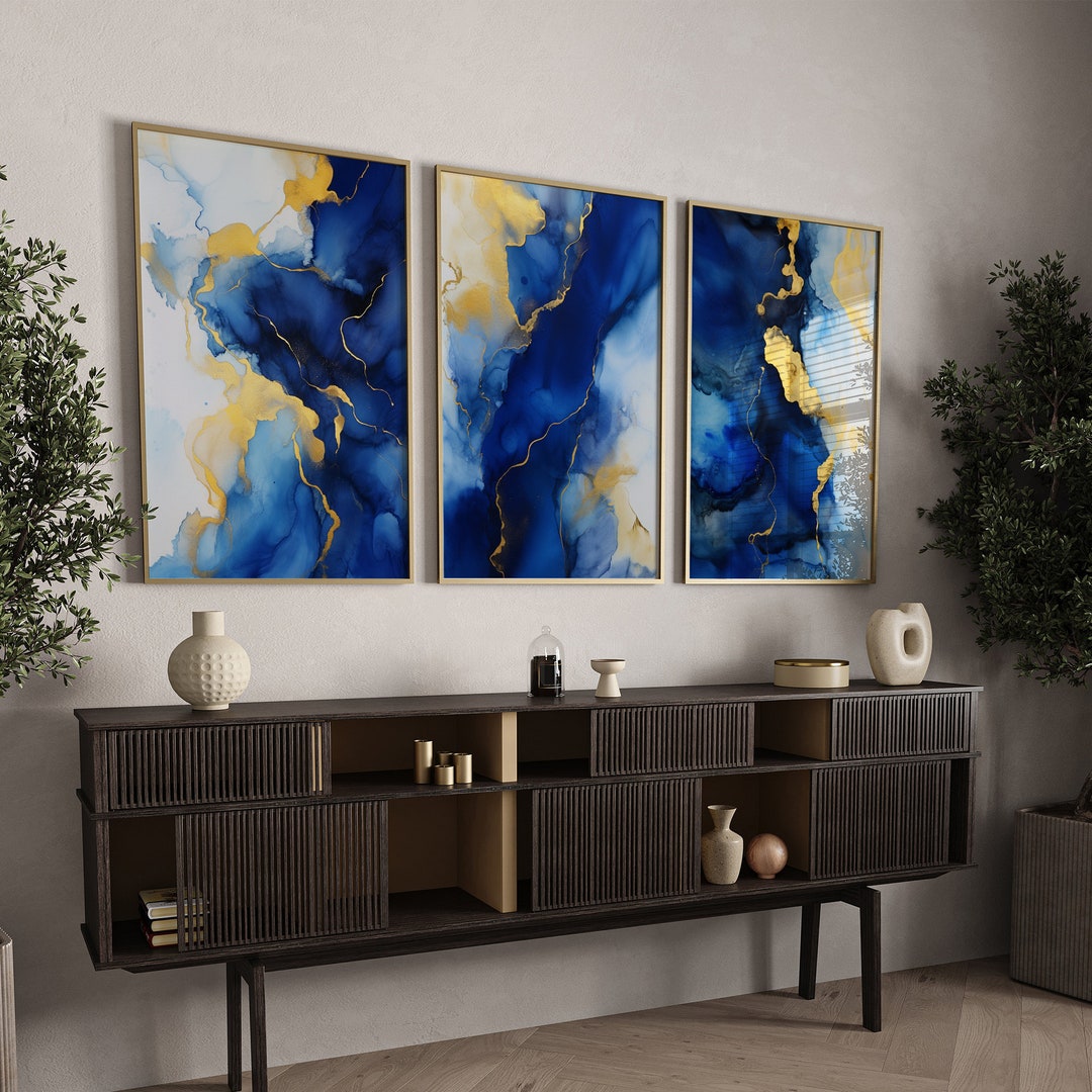 Set of 3 Navy Blue & Gold Wall Art | Watercolor Night Edition | Navy ...