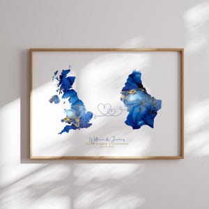 Carte du Royaume-Uni et du Luxembourg, impression d'art mural bleu et or de voyage | Royaume-Uni | Cadeau déménagement