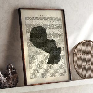 May include: A framed print featuring a map of Paraguay in a dark silhouette against a vintage-style background filled with text. The frame is a dark brown, and the print is displayed on a neutral-colored wall.
