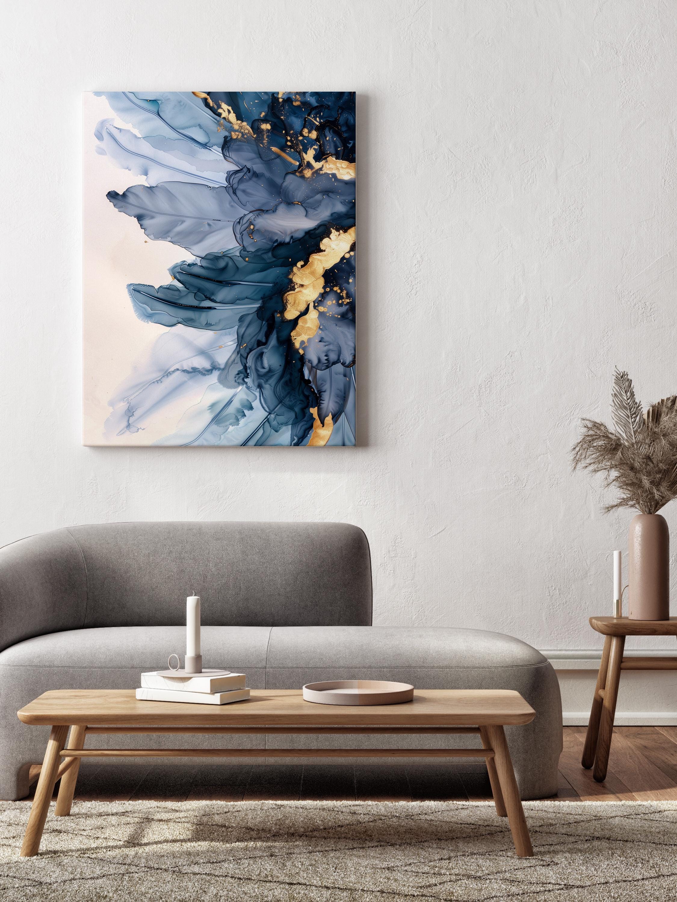 Navy Blue and Gold Abstract Canvas Wall Art | Textured Ink Flow ...