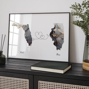Carte de la Floride et de l'Illinois, impression d'art mural de voyage noir et or | Floride| Cadeau déménagement
