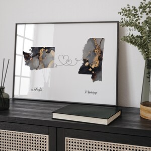 Kaart van Washington en Mississippi zwart en goud reizen Wall Art Print | Washington | Cadeau voor op reis verhuizen