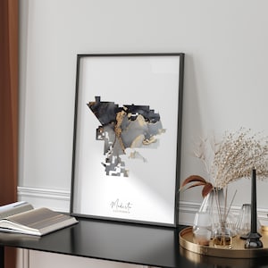 May include: Framed art print featuring a map of Modesto, California, in shades of black, gray, and gold. The artwork is displayed on a black table with decorative items, including a tray, candles, and a book. The text "Modesto California" is printed at the bottom.