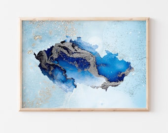 Czech Republic Map Shades of Blue & Silver Wall Art Print