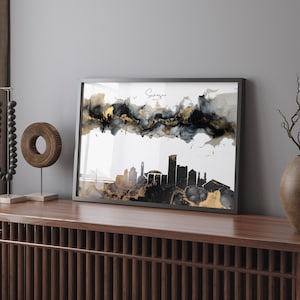 Swansea Skyline Schwarz & Gold Wand Kunst | England | DE | Vereinigtes Königreich
