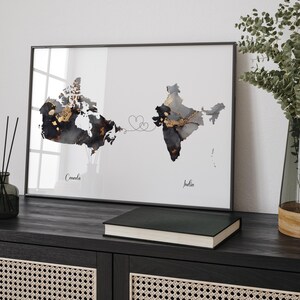 Carte du Canada et de l'Inde, impression d'art mural de voyage noir et or | Canadienne | Décoration minimaliste | Art du voyage international