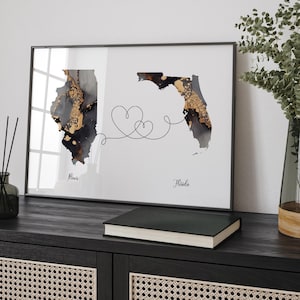 Illinois en Florida kaart zwart-goud reizen muurkunst print | Illinois | Cadeau voor op reis verhuizen