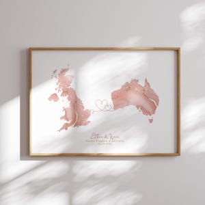 Großbritannien und Australien Karte Pink & Gold Reise Wand Kunst Druck | Vereinigtes Königreich | Reisen Umzug Geschenk