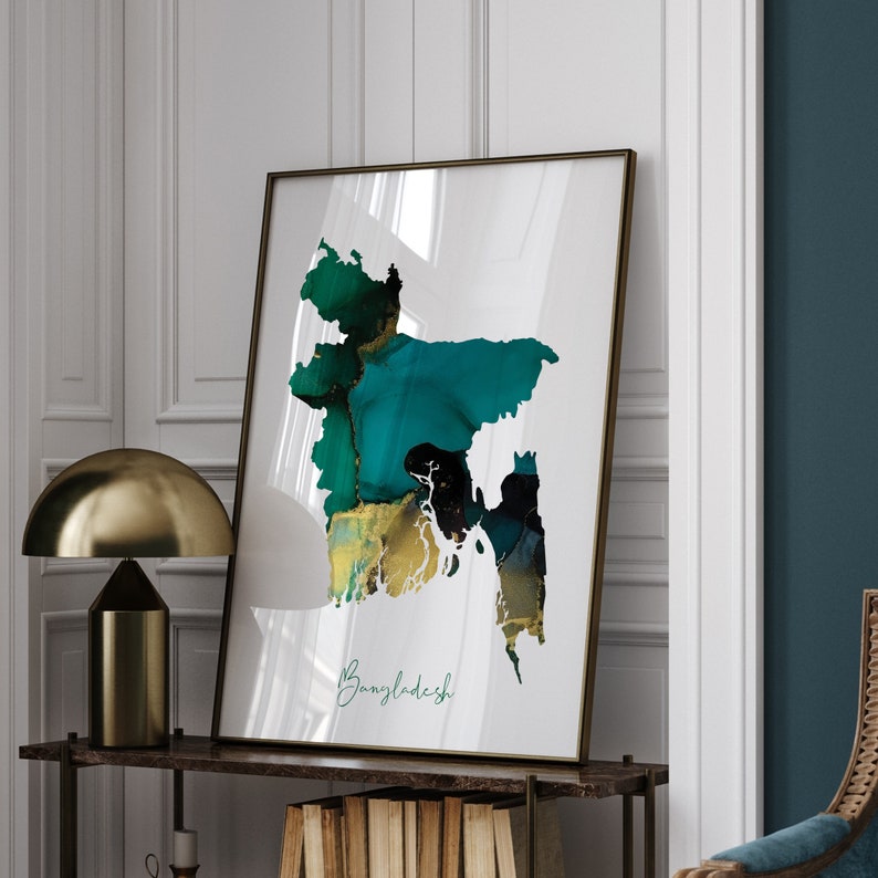 Bangladesh Map Emerald Green and Gold Wall Art Print Etsy