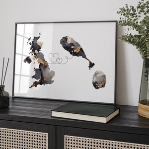 Britain and St. Kitts und Nevis Map Black & Gold Travel Wall Art Print | Vereinigtes Königreich | Großbritanien