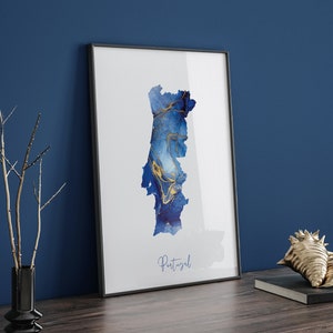 Blauwe en gouden muurkunstdruk Portugal kaart