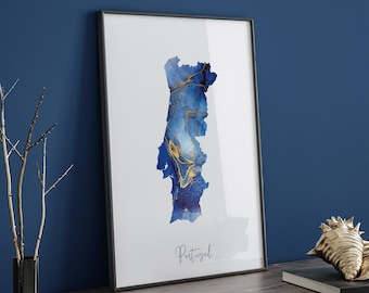 Portugal Map Blue and Gold Wall Art Print