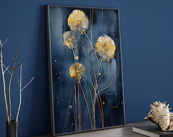Lámina decorativa de diente de león azul marino y dorado
