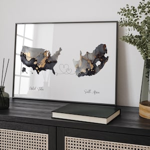 Impresión de arte de pared de viaje en negro y dorado con mapa de Estados Unidos y Sudáfrica / Estados Unidos / América / Regalo de viaje para mudanza a casa