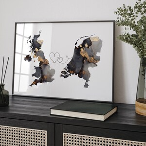 Carte de la Grande-Bretagne et des Pays-Bas, impression d'art mural de voyage noir et or | Royaume-Uni | Royaume-Uni