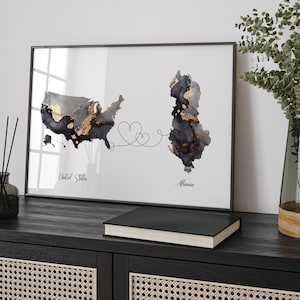 USA und Albanien Karte Schwarz & Gold Reise Wand Kunst Druck | USA| Amerika | Reisen Umzug Geschenk