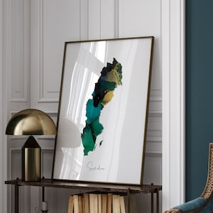 Mapa da Suécia em verde esmeralda e impressão de arte de parede dourada