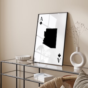Carte de l'Arizona inspirée des cartes à jouer, impression d'art mural | Minimaliste noir et blanc | Monochrome | État américain | États-Unis d'Amérique | Etats-Unis
