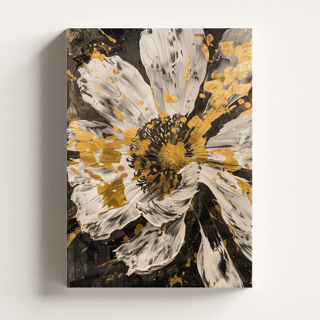 Black, Gold, and White Flower Wall Art | Abstract Floral Canvas ...