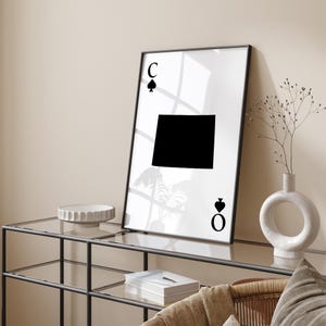 Carte du Colorado inspirée des cartes à jouer, impression d'art mural | Minimaliste noir et blanc | Monochrome | État américain | États-Unis d'Amérique | Etats-Unis