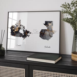 Canadá e Guatemala Mapa Preto e Dourado Viagem Arte de Parede Impressão | Canadense | Decoração Minimalista | Arte de Viagem Internacional