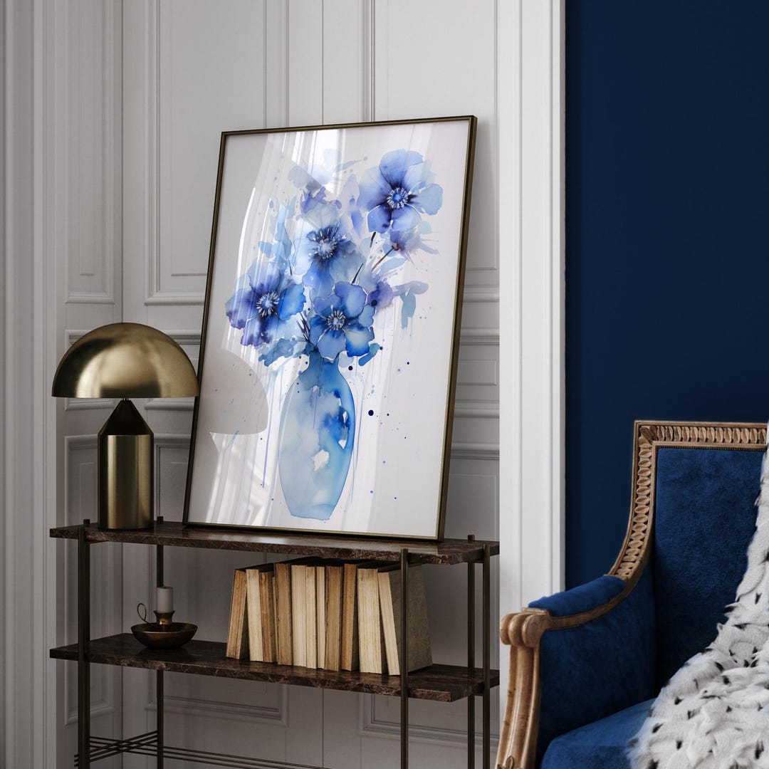 Blue Floral Vase Wall Art | Watercolor Flower Bouquet Print | Unique ...