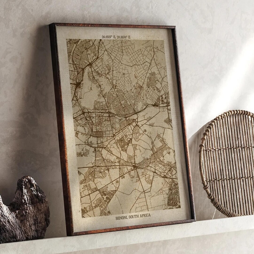 Benoni, Gauteng Map | Vintage Beige Detailed Map Print | South Africa ...