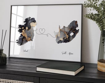 Ireland and South Africa Map Black & Gold Travel Wall Art Print | Ireland | Travel Moving Home Gift
