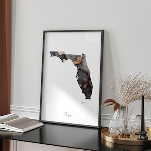 Zwart-gouden muurkunst kaart Florida, Amerikaanse staat
