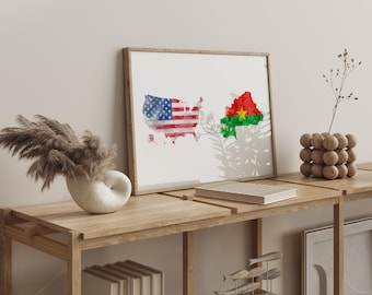 US to Burkina Faso Watercolour Flag Map Wall Art Print | United State of America to Burkina Faso Anniversary Moving Gift
