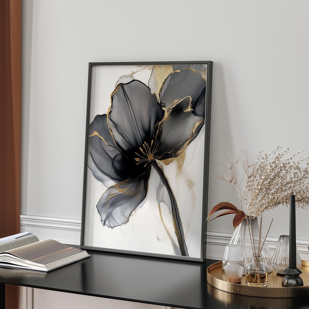 Black & Gold Flower Wall Art Print | Botanical Painting Wall Decor ...