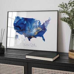 United States Map Blue & Gold Wall Art Print | USA | America - Etsy