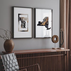 Set van 2 New York zwart-gouden muurkunst | Kaart van New York | Skyline van New York | New Yorkse typografie | Illinois | Verenigde Staten