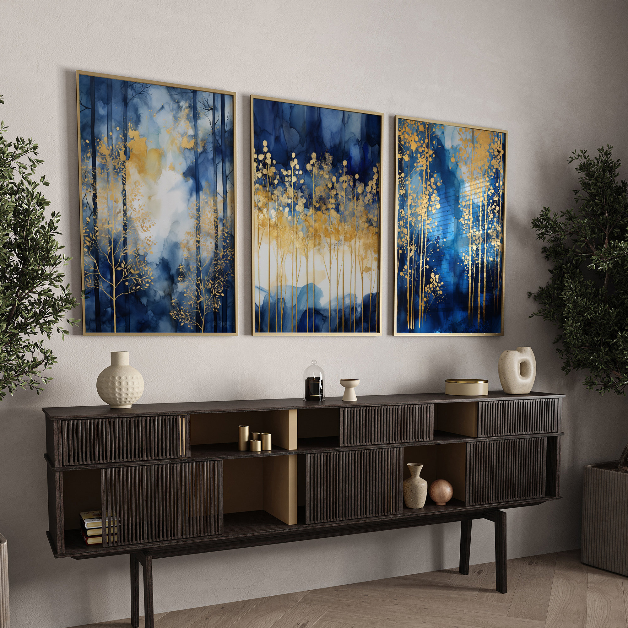 Set of 3 Navy Blue & Gold Wall Art | Forest Theme Navy Blue Wall Art ...
