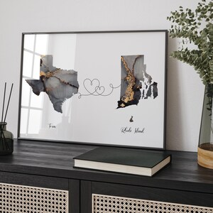 Texas und Rhode Island Karte Schwarz & Gold Reise Wand Kunst Druck | Texas | Reisen Umzug Geschenk