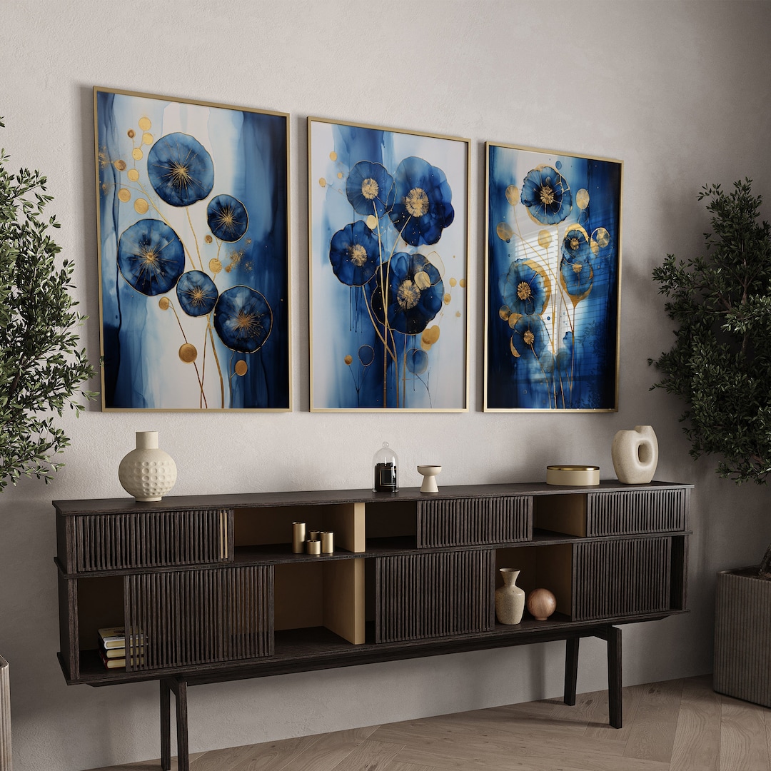 Navy Blue & Gold Floral Wall Art | Set of 3 Navy Blue Room Decor ...