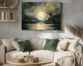 Lienzo decorativo para pared con diseño de bosque verde esmeralda y dorado / Decoración inspirada en la naturaleza