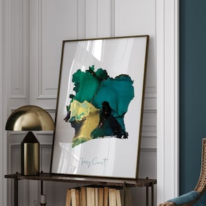 Impresión de arte mural en verde esmeralda y dorado con el mapa de Costa de Marfil