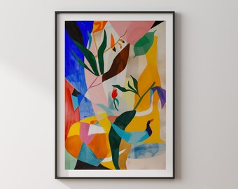 Puede incluir: Pintura abstracta con un diseño geométrico colorido. La pintura presenta una variedad de formas y colores, incluyendo azul, verde, amarillo, naranja y rojo. Hay un pequeño pájaro en el centro de la pintura.