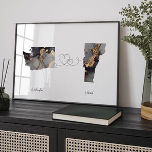 Kaart van Washington en Vermont zwart en goud reizen muurkunst print | Washington | Cadeau voor op reis verhuizen