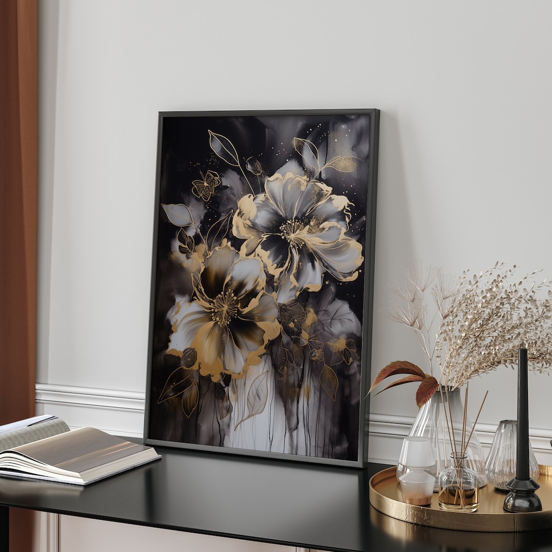 Black & Gold Flowers Wall Art Print | Black and Gold Print - Etsy
