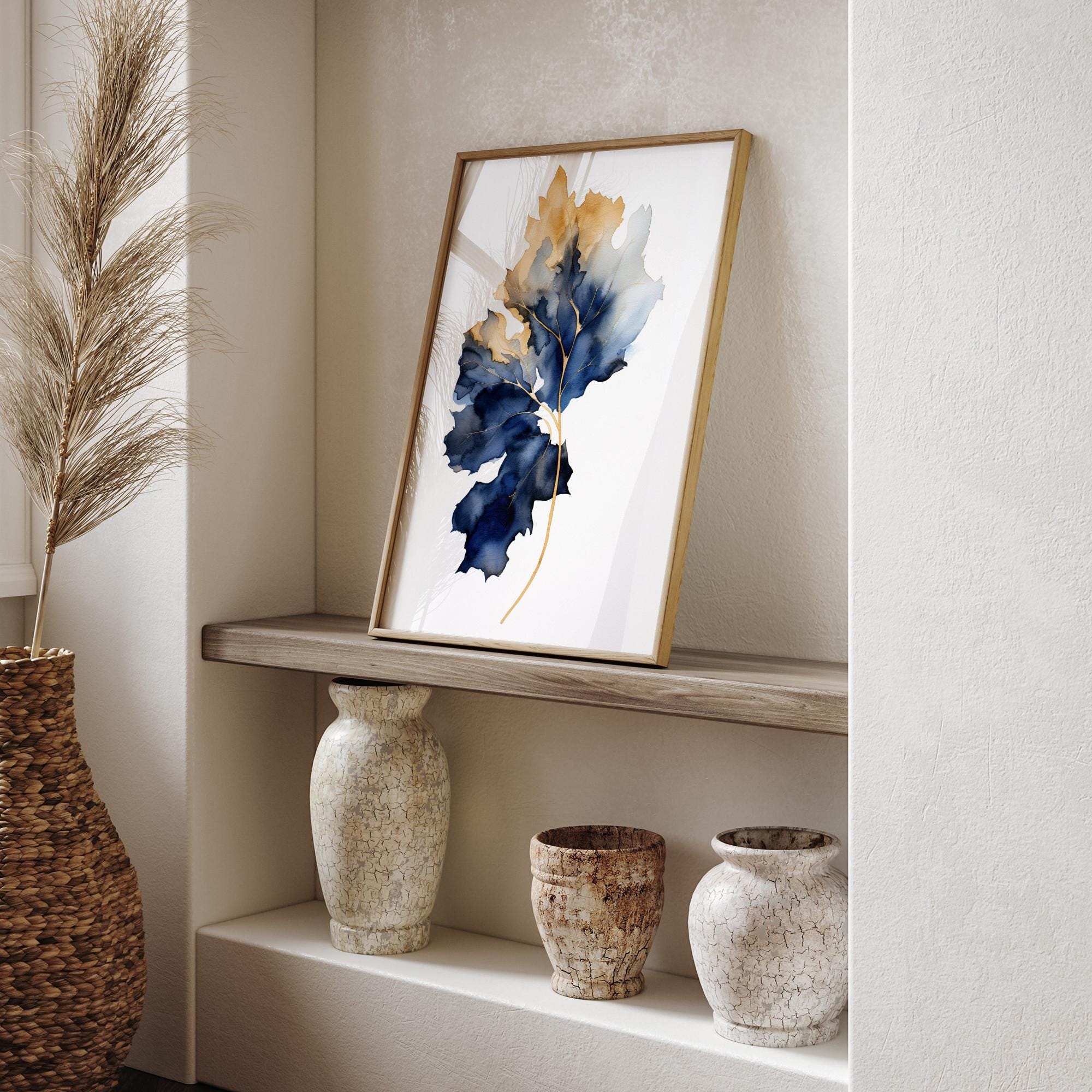 Blue and Gold Leaf Wall Art | Elegant Botanical Print | Modern Nature ...