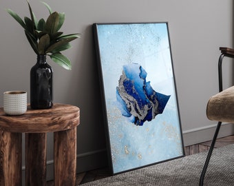 Ethopia Map Shades of Blue & Silver Wall Art Print