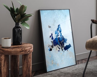 Europe Map Shades of Blue & Silver Wall Art Print