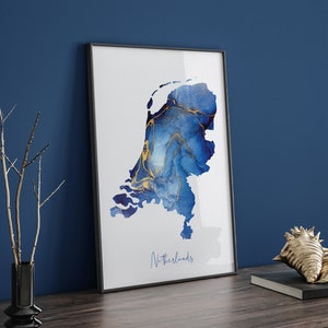 Carte des Pays-Bas bleu et or Impression artistique